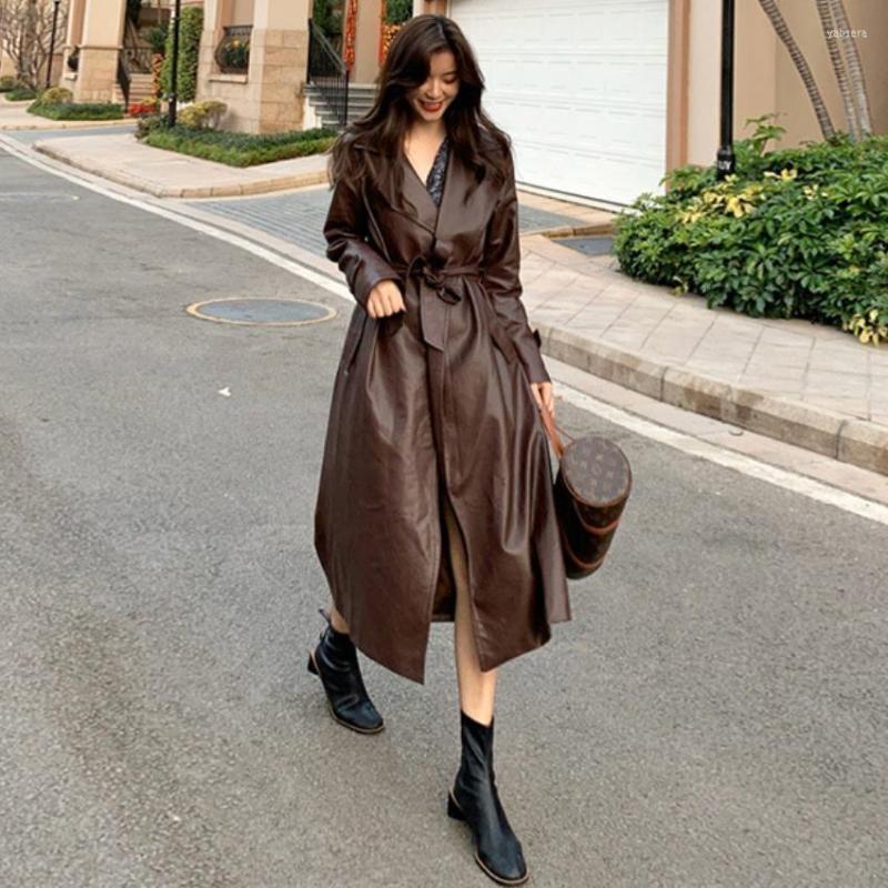 

Women' Leather For Windbreaker Pu Jacket Women Spring Autumn 2023 Retro Faux Trench Female Fashion Belted Elegant Long Coat, Picture