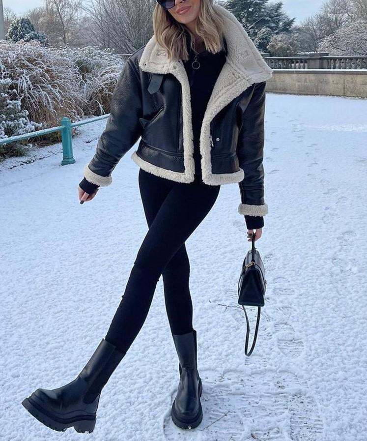 

Women's Leather CNACNOO Women Fashion Thick Warm Faux Shearling Jacket Coat Vintage Long Sleeve Flap Pocket Female Outerwear Chic Tops, Black