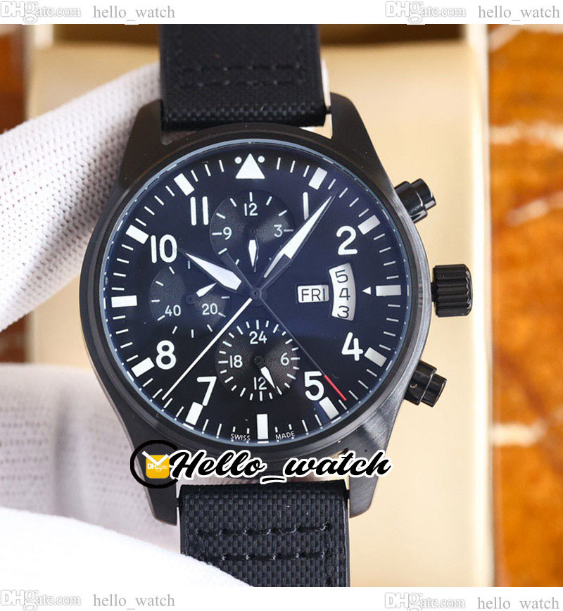 

43mm Pilots Foo Fighters IW378901 Automatic Mens Watch Black Dial No Chronograph PVD Black Steel Case Nylon Leather Strap Double Calendar New Watches HelloWatch, E209 (2)