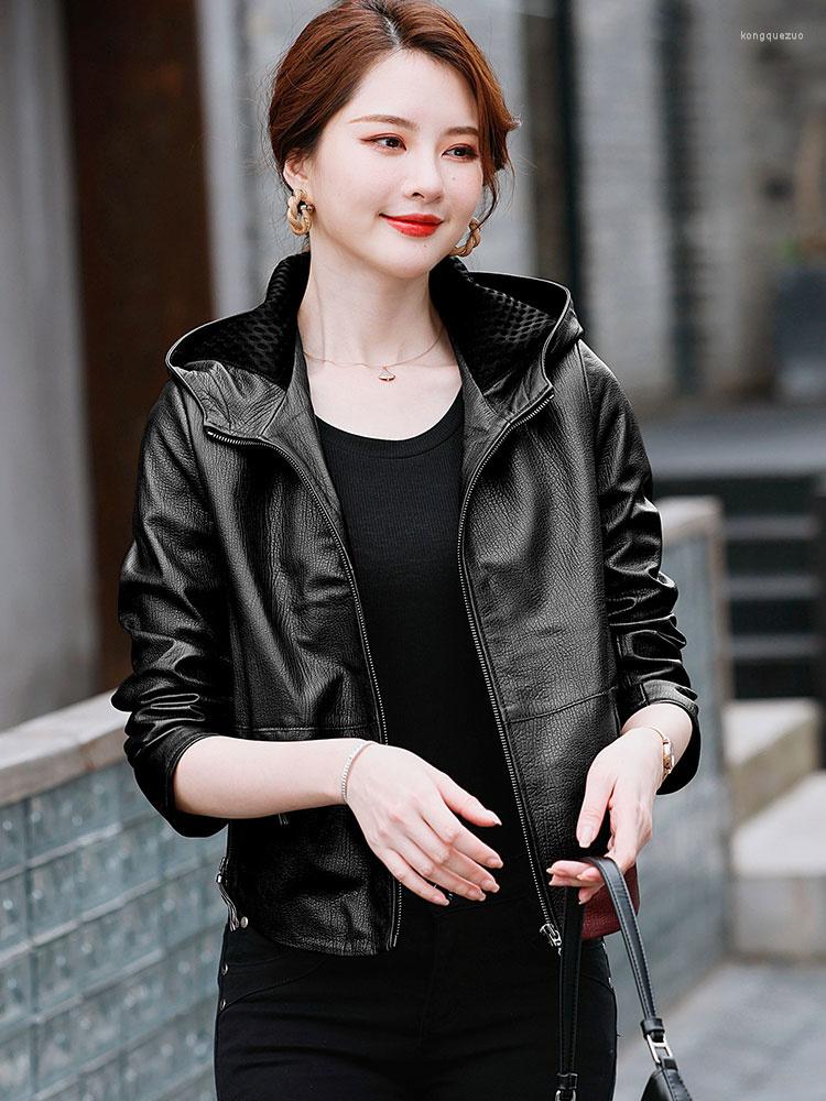 

Women's Leather Jacket Women Clothes Real High-end Top Layer Sheepskin Korean Jackets Woman Motorcycle Hooded Coats Jaqueta Feminina Sq, Black