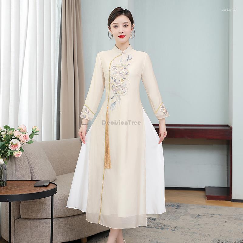 

Ethnic Clothing 2022 Chinese Style Improved Ao Dai Qipao Dress National Traditional Collared Embroidery Flower