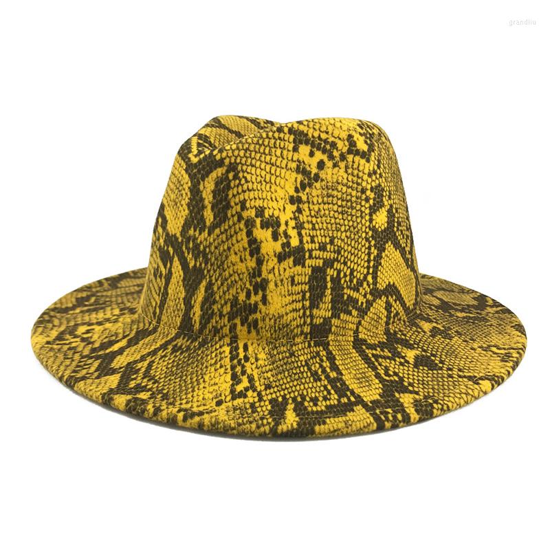 

Berets 2022 Retro Unique Design Snake Pattern Men's Wide Brim Gray Brown Hat Felt Fedora Ladies Elegant Panama