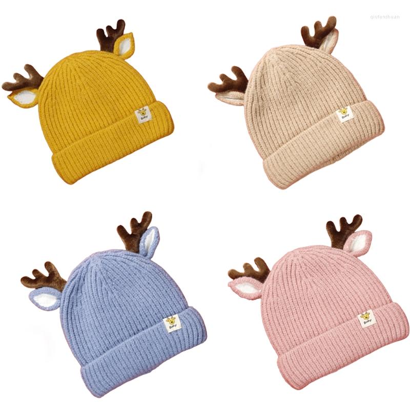 

Berets 896E Lovely Knitted Hat Baby Knitting Antlers Woolen Children Christmas All-match For Birthday Or Full Moon Gift, Beige