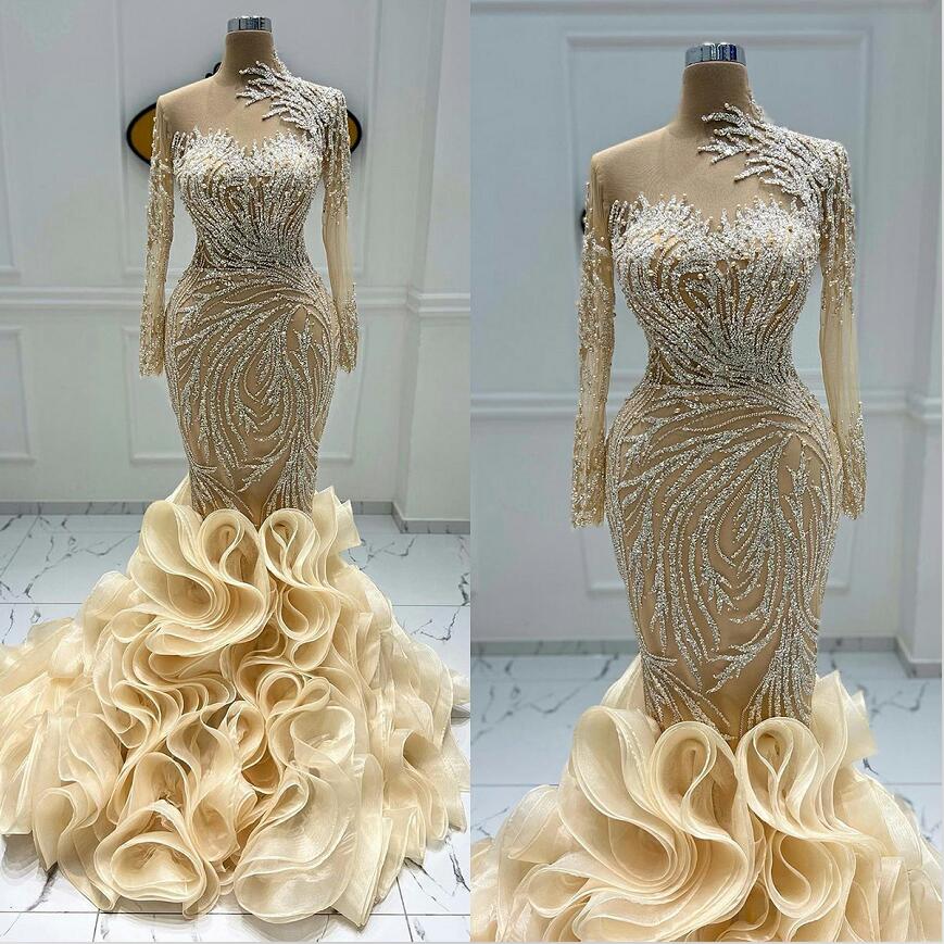 

Arabic Plus Size Mermaid Evening Dresses Beads Lace Sheer Jewel Neck Ruffles Prom Formal Party Second Reception Gowns, Champagne