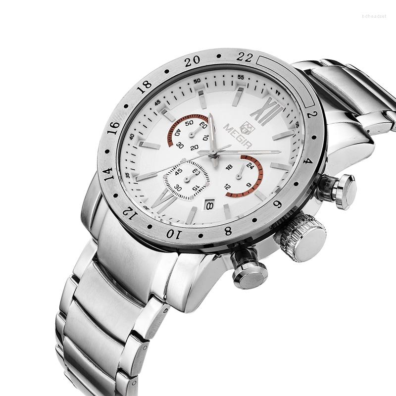 

Wristwatches Megir Top Brand Army Sport Men Quartz Watch Full Stainless Steel Band Mens Watches Military Wrist Waterproof Relogio, Silver white