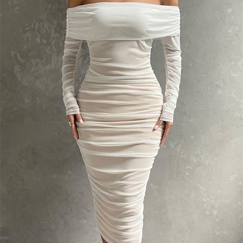

Party Dresses Dressmecb Solid Mesh White Midi Women Clothing Off Shoulder Long Sleeves Autumn Dress Backless Ruched Sexy Vestido 221113, Ablack-short