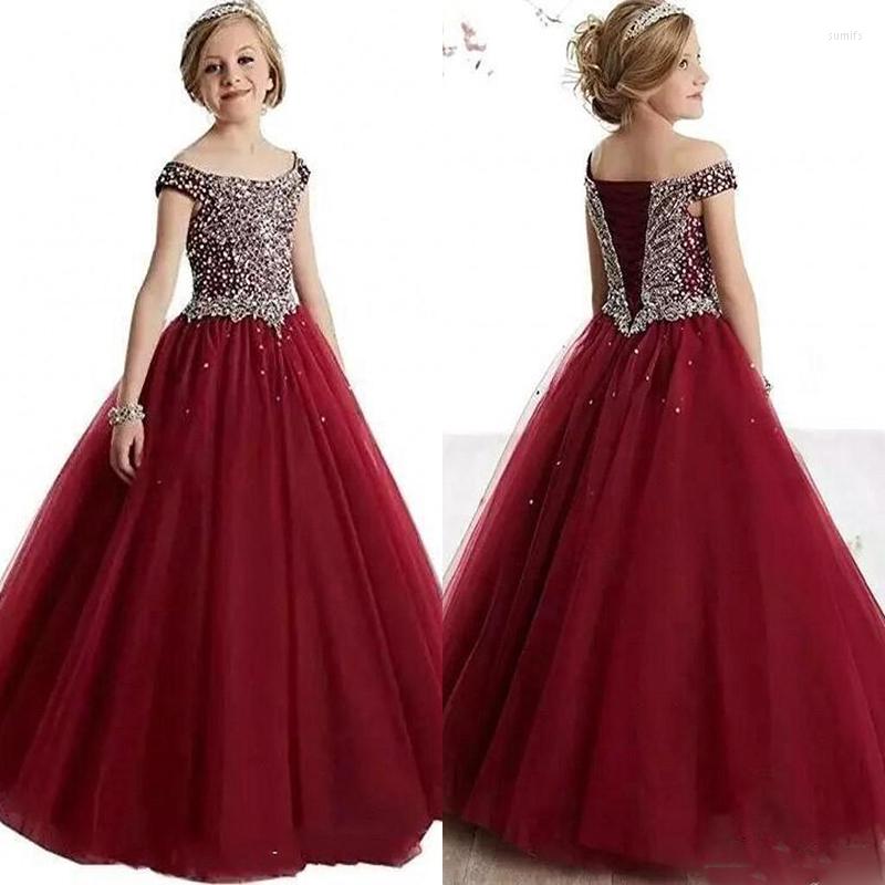 

Girl Dresses Arrival 2022 Burgundy Girl's Pageant Off Shoulder Crystals Beaded Lace-up Back Tulle A Line Bridal Gown, Beige