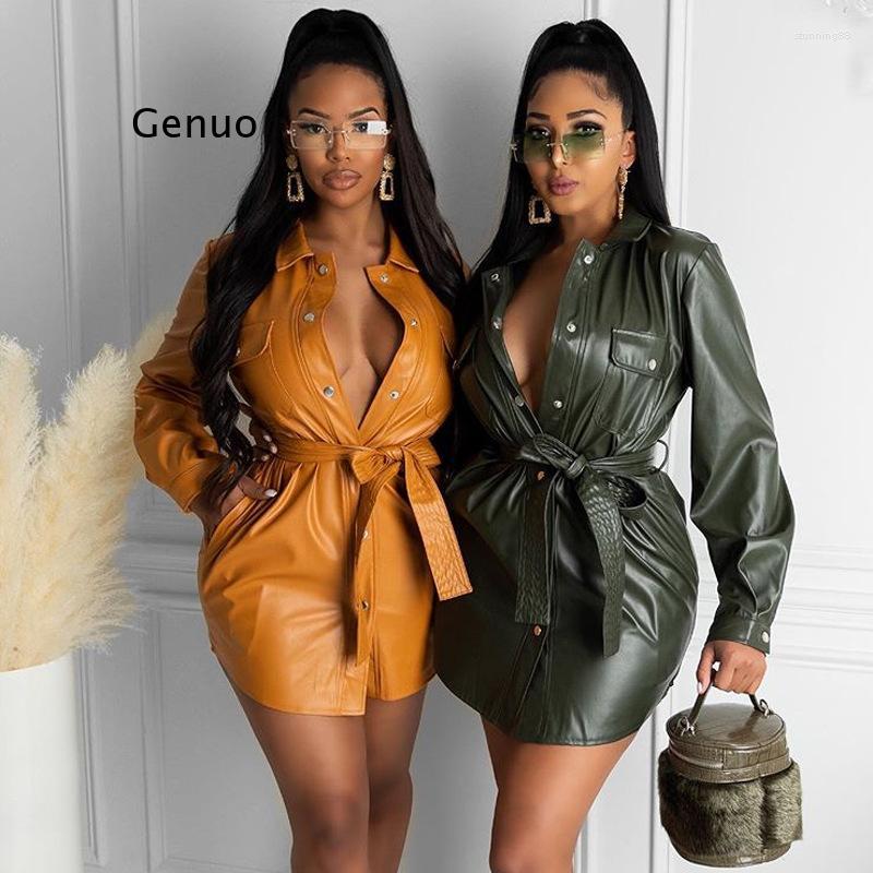 

Women' Leather -4Xl Women' Dress 2022 Fall/winter Fashion Pu With Buttons Long Sleeve Lapel Collar Waist Casual, Black