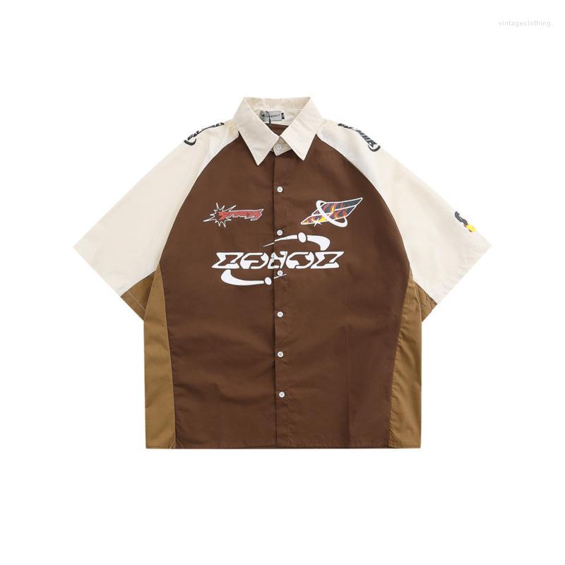 

Men's Casual Shirts Contrast Patchwork Letter Printed Shirt Men Half-Sleeve Turn-down Loose Top Racing Streetwear 2022 Summer Fashion, White