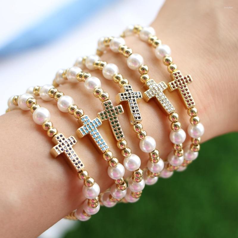 

Strand Fashion Cubic Zircon Cross Pearl Shell Bracelets Copper Bead Gold Color CZ Bracelet Jewelry For Women Gifts