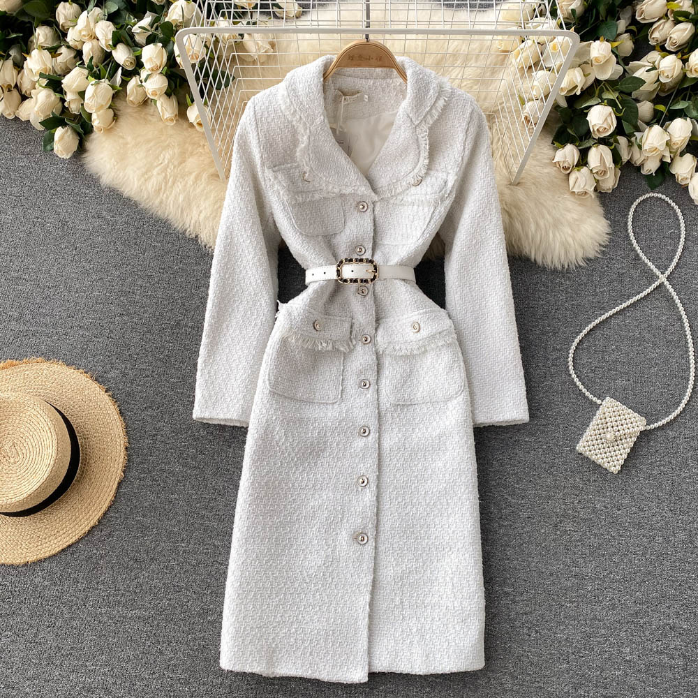 

Autumn and winter 2022 women's Wool coat New white slim tweed medium long waist lapel small fragrant coat