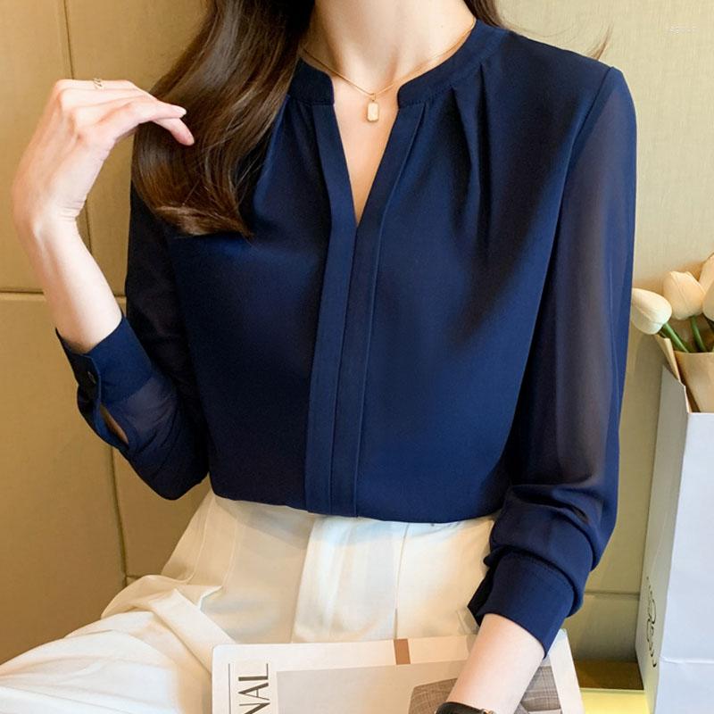 

Women' Blouses Blouse And Tops Women Shirts V-neck Elegant Femme Long Sleeve Office Lady Buttons Blusas Blue White Solid Chiffon 2372
