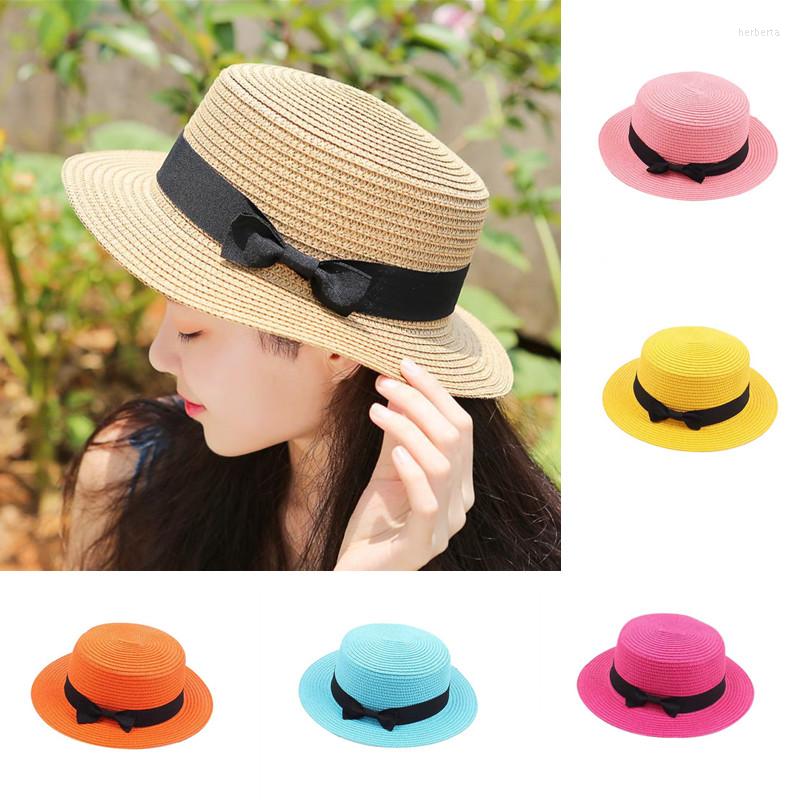 

Berets Bow Ribbon Flat Top Straw Hat Vacation Casual Shopping Beach Hats For Woman Girls Courtesy Panama Sun