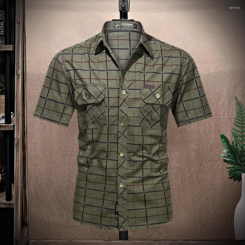 

Men's Casual Shirts Stylish Men Cargo Shirt Soft Fabric Leisure Close-fitting Short Sleeves Turn-down Collar Mern Tops, Army green