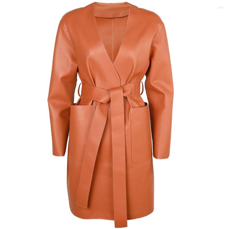 

Women' Leather YOLOAgain Women V-Neck Orange Real Jacket Coat With Belt