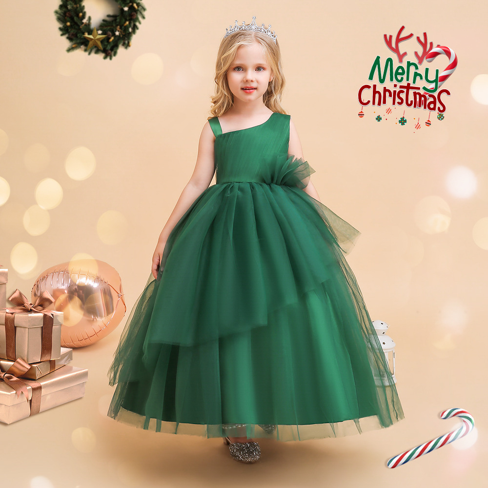 

Kids Christmas Wear New Year Costume Princess Wedding Flower Girls Party Wear Children Ceremony Prom Gown Dress DB-300, Bottle green