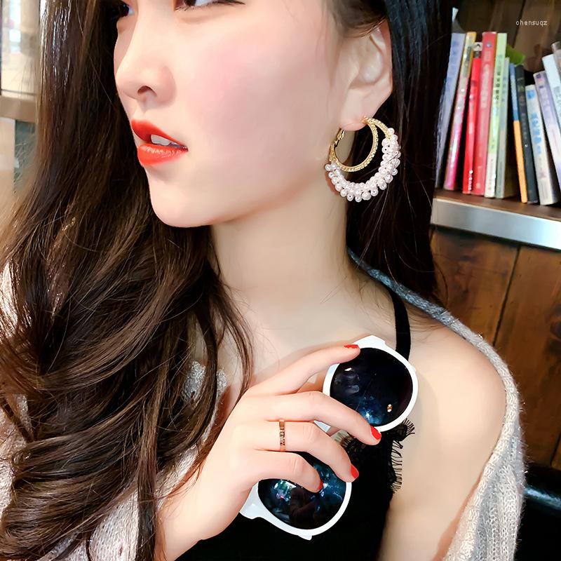

Hoop Earrings 925 Silver Big Circle Simplicity Personality Exaggeration Crystal Pearl Double Alloy Female Jewelry