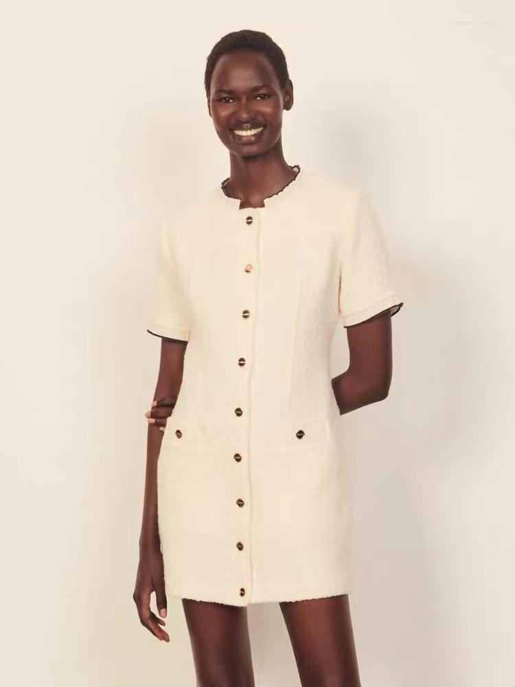 

Party Dresses SANDR A-line Dress For Women Spring Autumn Solid Color Collar Chic Tweed Single-breasted Short-sleeved Slim, Picture shown