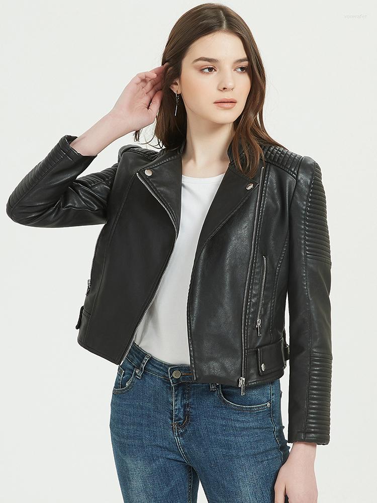 

Women' Leather Ailegogo Spring Autumn Women Pu Faux Soft Short Jacket Streetwear Female Moto Biker Coat Ladies Punk Black Outwear