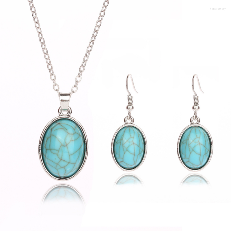 

Necklace Earrings Set FYJS Unique Anniversary Gift Silver Plated Oval Shape Green Turquoises Stone Pendant Fashion, Picture shown