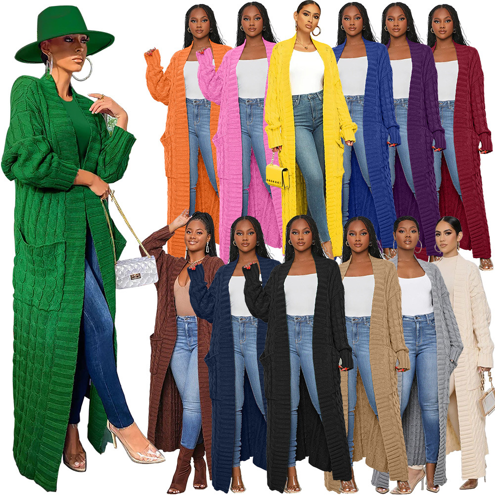 

Vintage Streetwear Warm Knitted Open Stitch for Women Y2K Clothes Casual Solid Color Full Sleeve Side Pockets Thick Cardigan Ins, Yellow