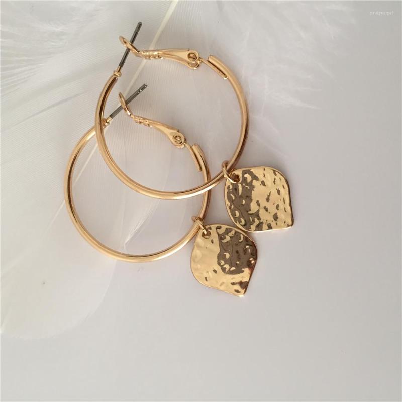 

Hoop Earrings Trendy 2022 Arrivals Gold Color Plating Hammered Leaf Charm For Women Girl Lovely Girly Naturalism Jewelry