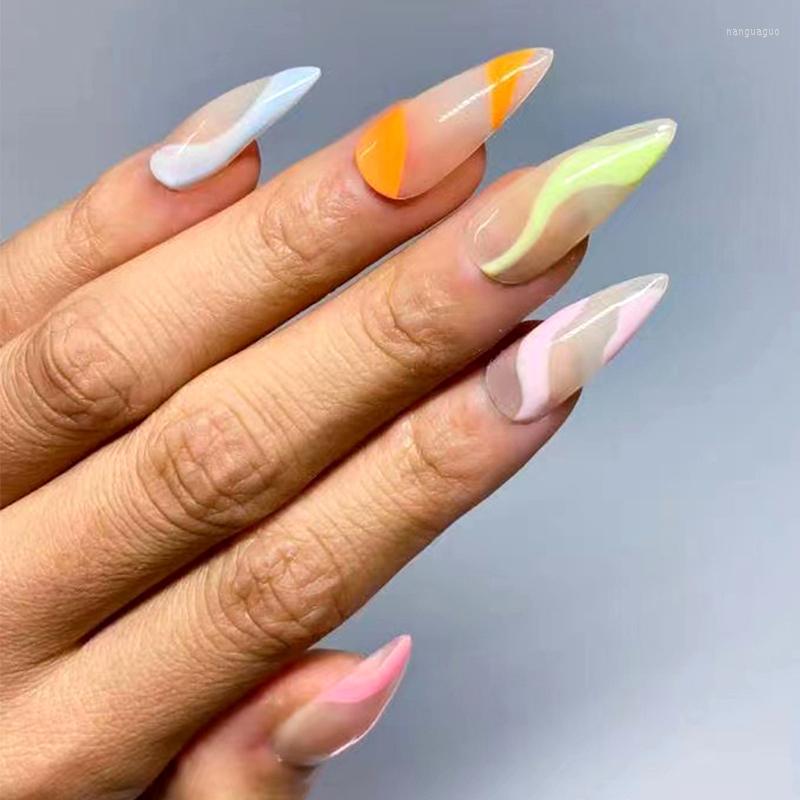 

False Nails 2022 24PCS Colorful Lines Fake Long Pointed Head Sweet Style Press On Wearable Finished Nail Piece With Jelly Gel, Jelly glue model
