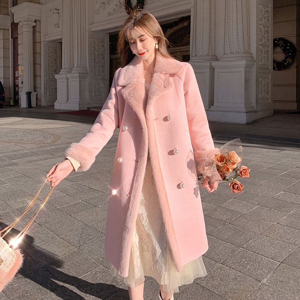

Women's Wool Blends Women Winter Plush Lining Thick Warm Elegant Pink Faux Fur Coat Female Lapel Fairy Woolen Coats Lady Pearl Button Outerwear 221114