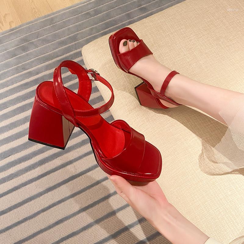 

Dress Shoes Summer Women's High Heels 9cm With Platform Open Toe Casual Female Sandals Patent Leather Pumps 3 Colors OULYYYOGO, Black