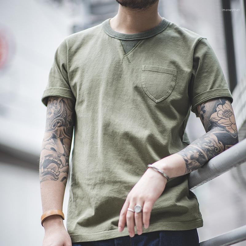 

Men' T Shirts Maden Summer Solid Male T-shirt Cotton Retro Army Green Simple Round Collars Pocket Short Sleeves Amekaji Men