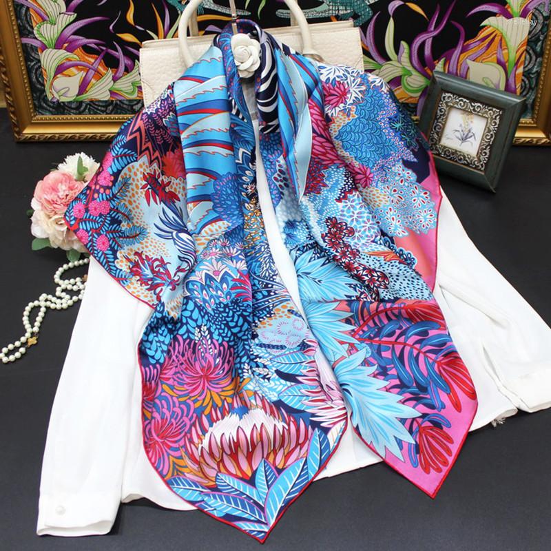 

Scarves 110cm Square Women Scarf Big Thin Shawl Mulberry Silk Satin Luxury Female Hijab Bandana Jungle Zebra Green Red
