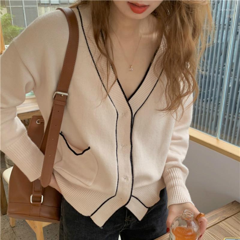 

Women's Knits 2022 Women Autumn Loose Patchwork Beige Sweater V Neck Full Sleeve Brief Single Breasted Knitted Pullover Jumpers