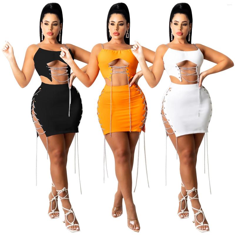 

Work Dresses Bandage Chain Sling 2022 Two Piece Sets Women Backless Sexy Tops Skinny Skirts Summer Vacation Outfits, Orange