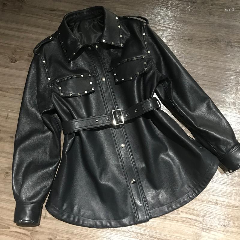 

Women' Leather Shirt Ladies Real Lamb Sheep Coat Genuine Outwear, Black