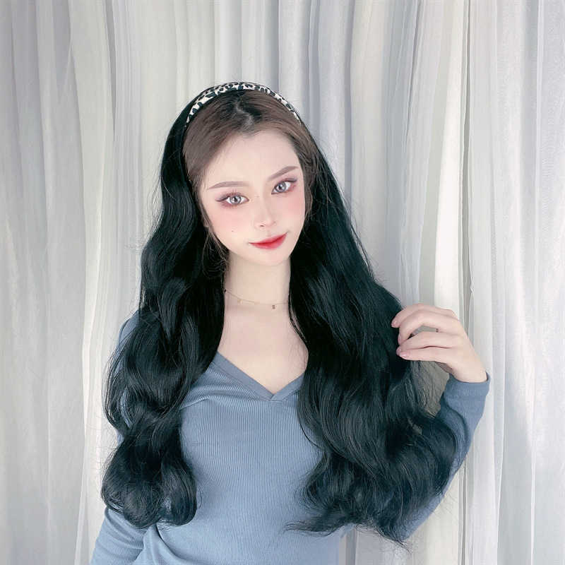 

Women's Hair Wigs Lace Synthetic Wigs Female Long Curly Hair Half Cap Net Red Band Black Big Wave