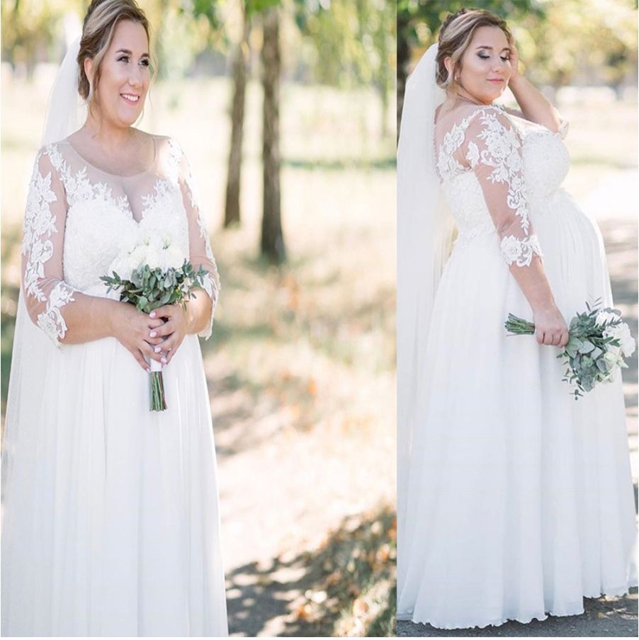 

2023 Country Pregnant Wedding Dresses Bridal Gown Beach 3/4 Long Sleeves Scoop Neck Lace Applique Designer Floor Length A Line Custom Made Plus Size vestido de novia, Red & white