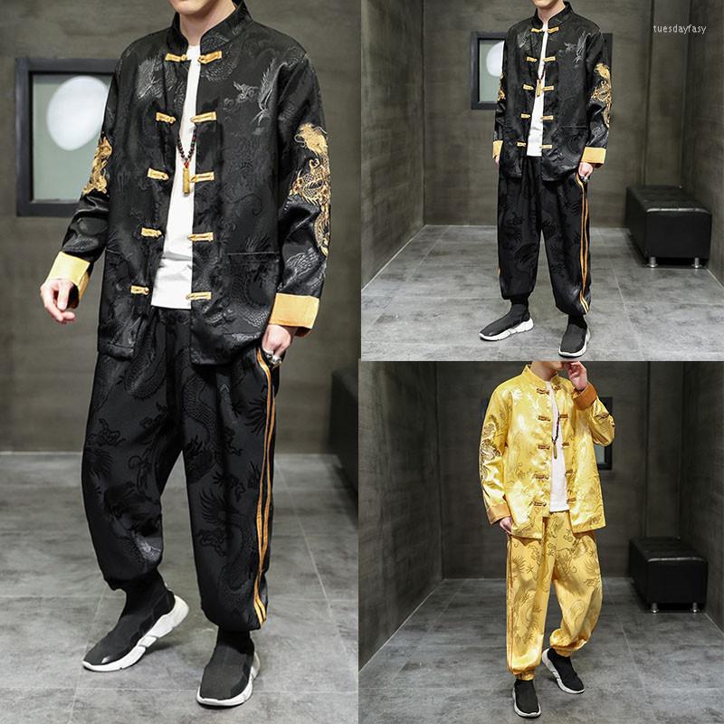 

Ethnic Clothing Men's Tang Suit Chinese National Style Dragon Printing Long Sleeve Loose Cardigan Sets Casual Fashion Cool Streetwear