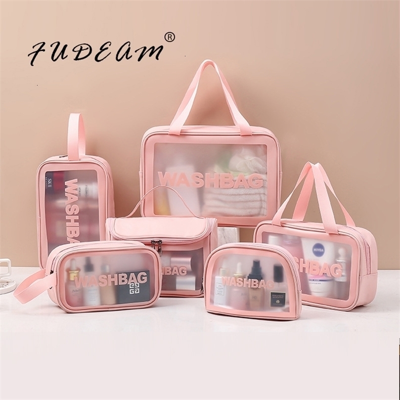 

Cosmetic Bags Cases FUDEAM Transparent PVC Women Waterproof Travel Toiletries Storage Organize PU Make Up Female Wash Handbag 221114, Semicircle white a