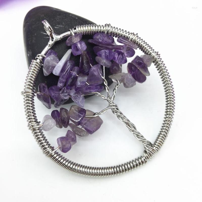 

Pendant Necklaces 51mm Delicate Natural Stone Crystal Irregular Gravel Wire Winding Round Silver-color Numen Amulet Charms Jewelry B3048