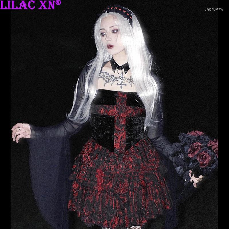 

Casual Dresses Gothic Sexy Red Cross Velvet Strapless Party For Women Y2K Chic Elegant Backless A Line Mini Streetwear