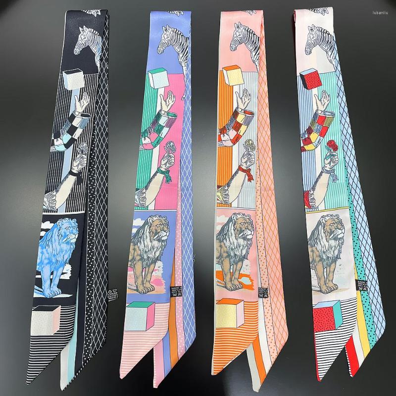 

Scarves 2022 Zebra Lion Scarf Women Silk Fashion Headband Foulard Skinny Hair Bag Design Neckerchief