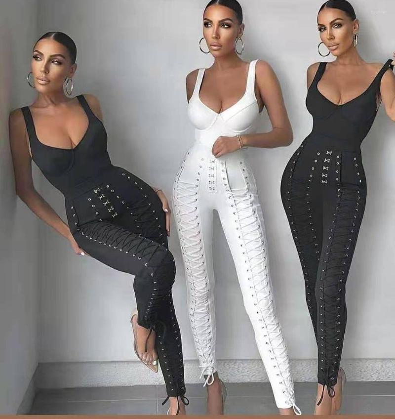 

Women's Two Piece Pants Celebrity Bandage Dress 2022 Elegant White Black Pieces Suit Sexy Bodysuit Long Classic Party Vinatge