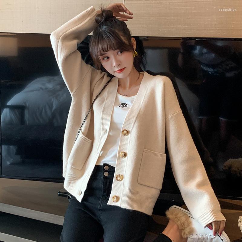 

Women's Knits Snordic Women Autumn Winter V Neck Beige Sweater Full Sleeve Single Breasted Loose Knitted Cardigan Coat Pockets
