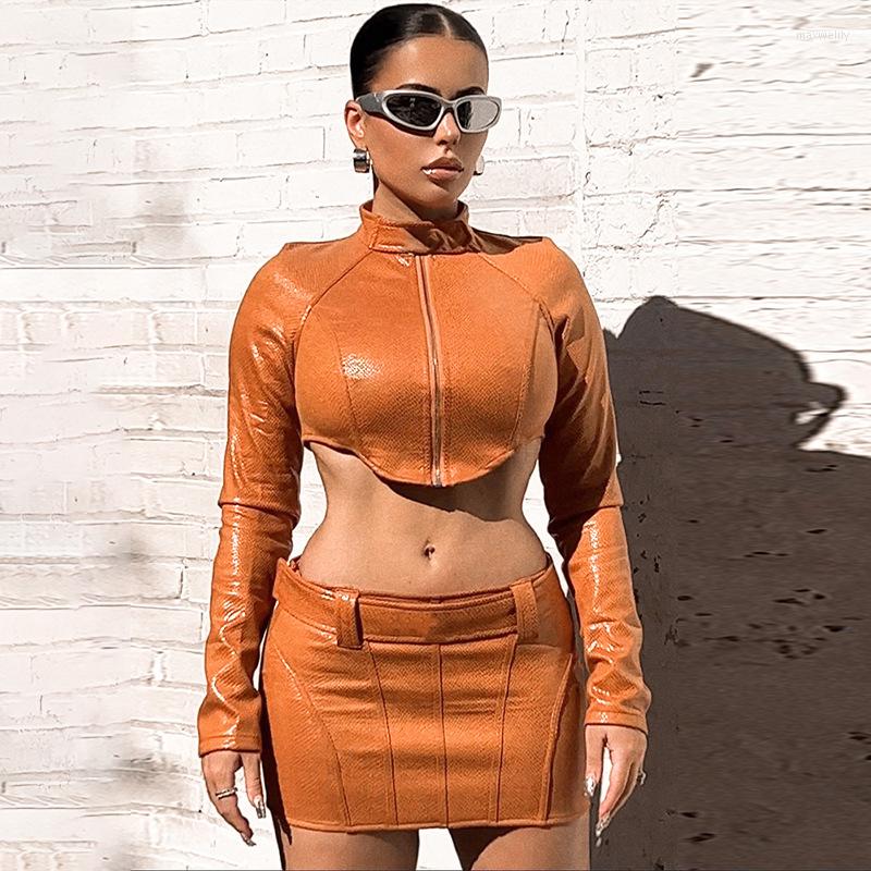

Work Dresses Women' Fall 2022 Fashion Crop Zipper Long Sleeve Top Slim Waist Skirt Suit Sets, Orange