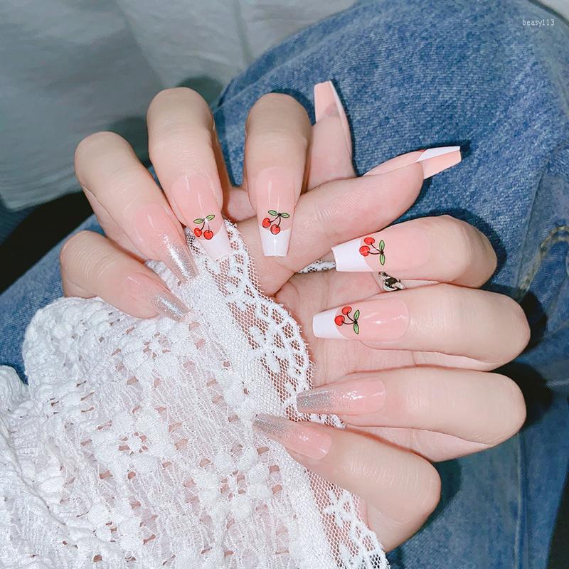 

False Nails Fruit Cherry Cream French Glitter Powder Gradually Long T Ballet Press-on Nail Accessories, P016-2