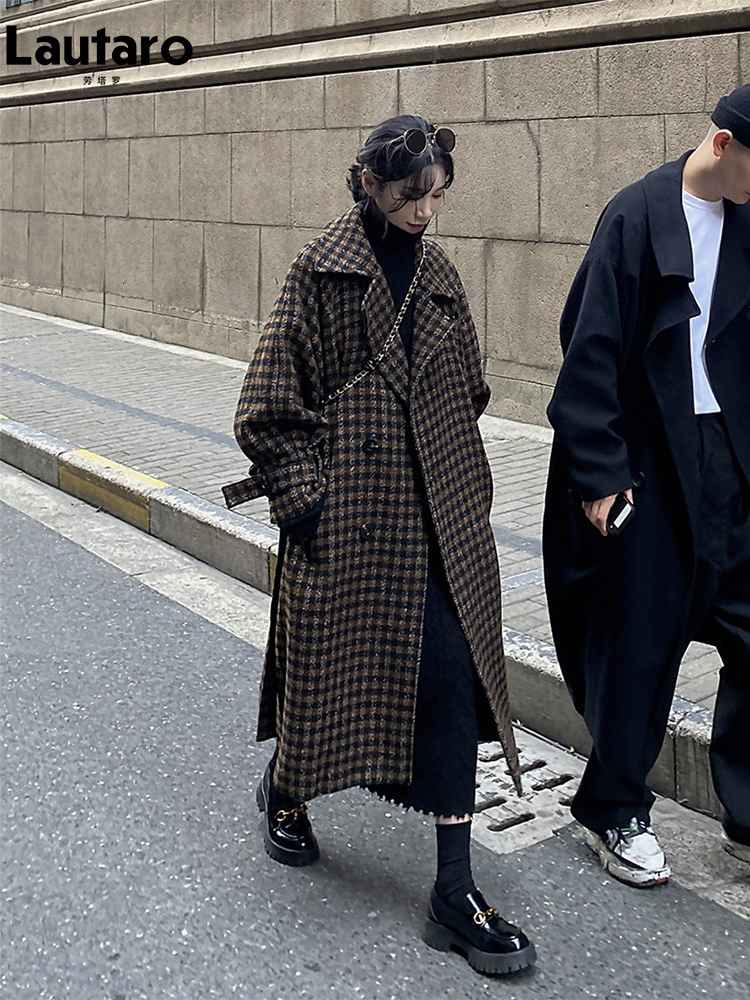 

Women's Wool Blends Lautaro Autumn Winter Long Loose Casual Soft Plaid Woolen Coat Women Double Breasted Stylish Chic Luxury Designer Clothes 221114