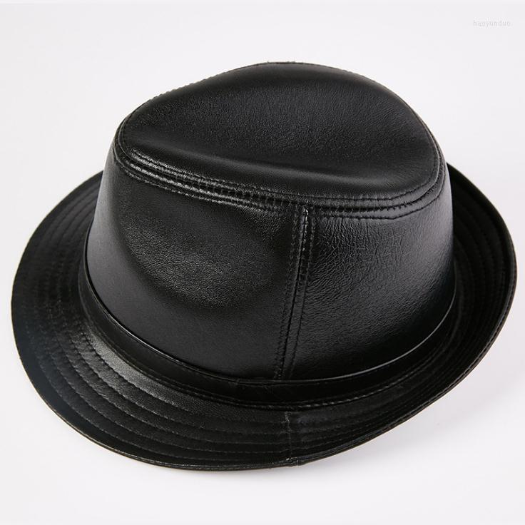 

Berets Leather Hat For Men Sheepskin Real Caps Retro Gentleman Vintage Flat Cap Black Brown Fedoras Brim Hats
