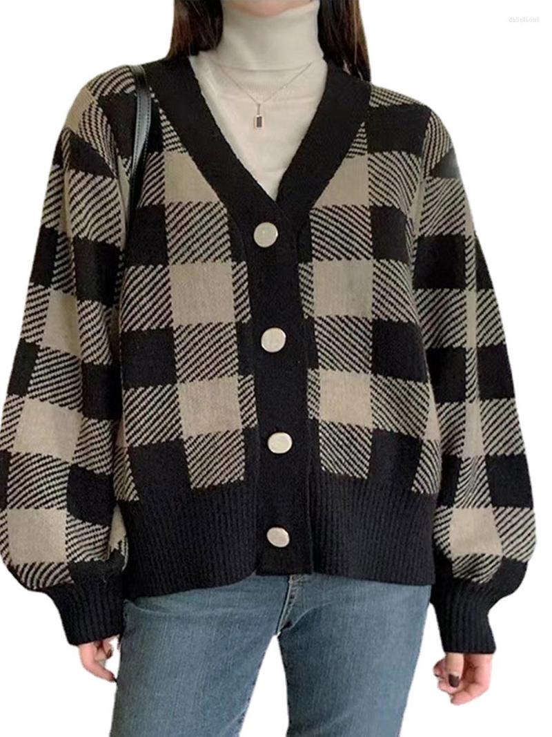 

Women's Knits BEAFNKSG Women Plaid Sweater Cardigan Vintage Aesthetic Long Sleeve V-Neck Button-Down Short Knitwear Cute Knitted, Green