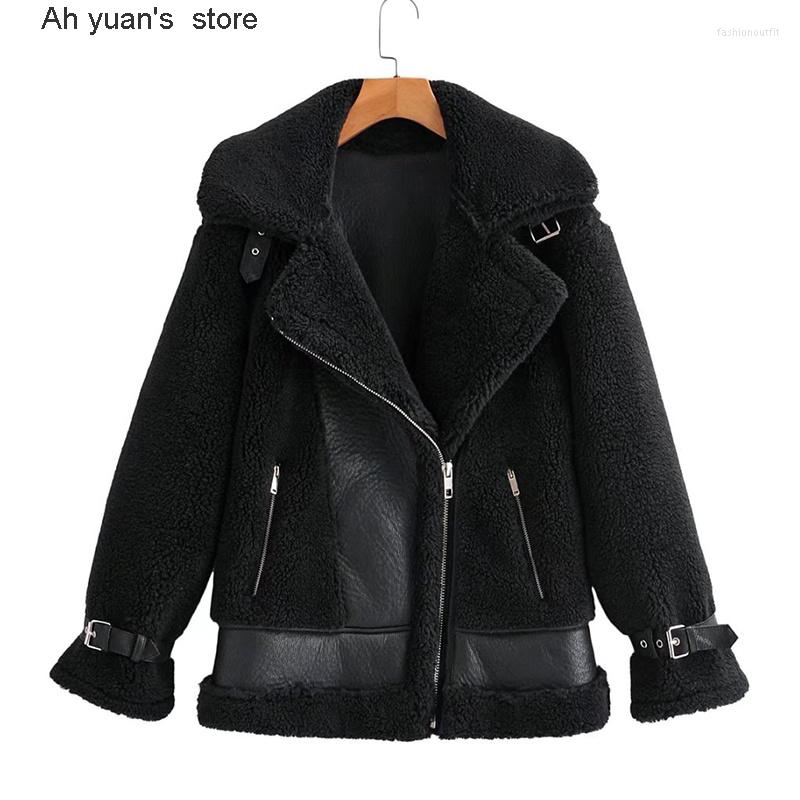 

Women' Leather Ah Yuan Autumn Winter Women Black Thick Warm Faux Lamb Fur Jacket Streetwear Female Moto Biker Pu Coat Outwear