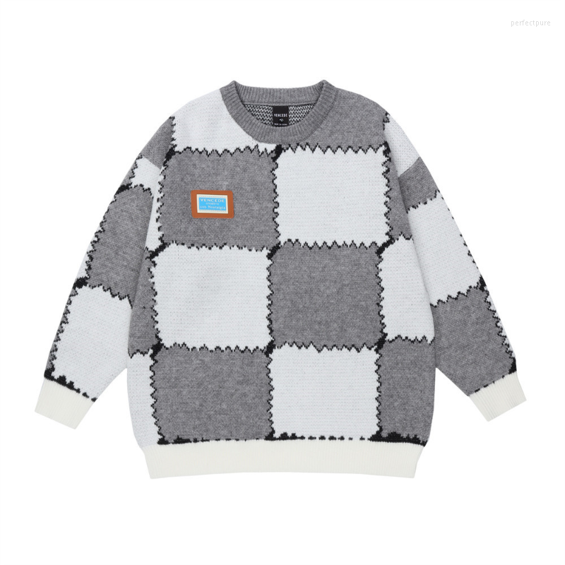 

Men's Sweaters European American Men's Fashion Checkerboard Check Jumper Men Loose Long Sleeve Knit Tops, Brown